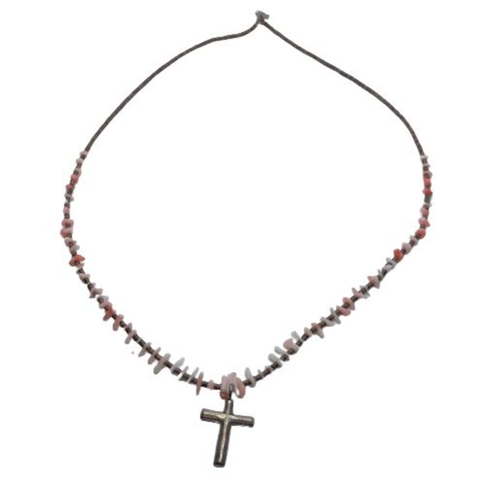 Unique Vintage Pink Coral, Heishi Bead & Sterling Silver Cross Pendant Necklace